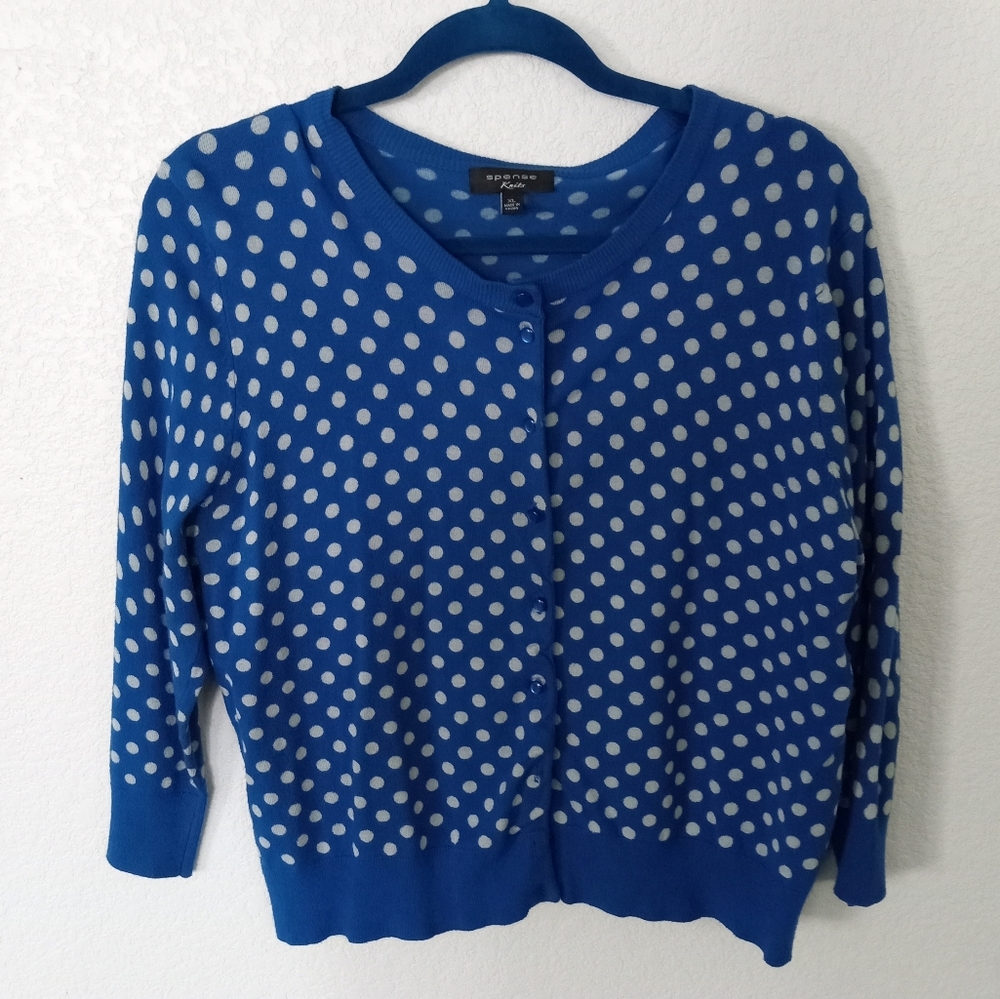 Spense Knits Cropped Polkadot Cardigan Sweater Top Women’s Medium Blue & White